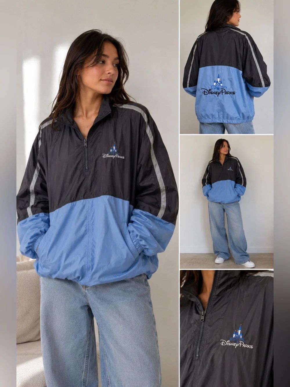 Disney Parks Packable Windbreaker Rain Jacket Embroidered Castle Blue Black L/XL